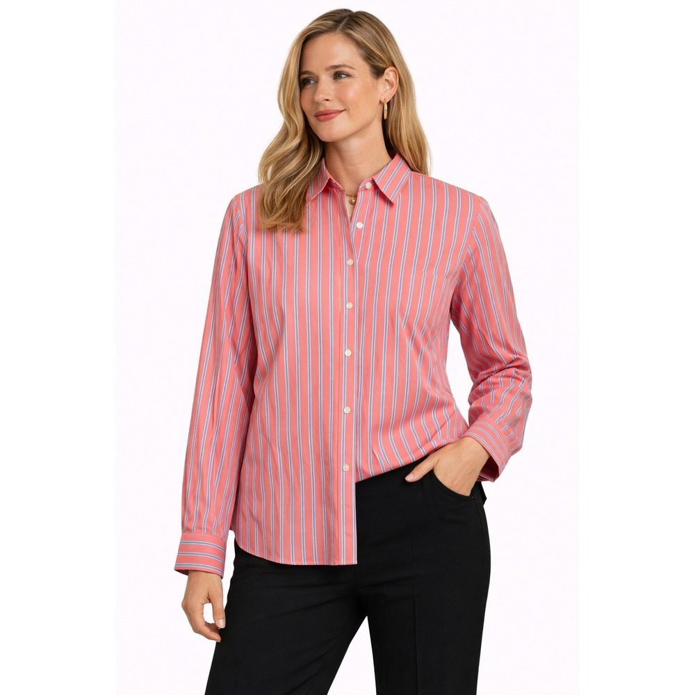 Lands End Button Down Shirt Womens 14 Pink Blue Striped Non-Iron Cotton